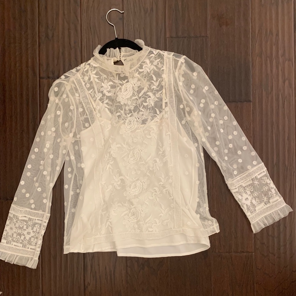 Joie Jaelin High Neck Semisheer Lace Blouse White